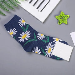 Cotton Animal Cartoon Middle Tube Socks Blue Daysi Flowers