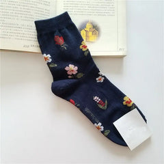 Cotton Animal Cartoon Middle Tube Socks Dark Blue Flowers
