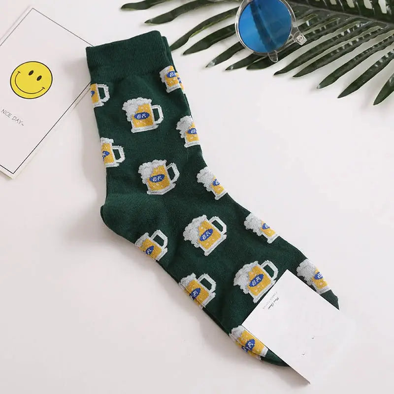 Cotton Animal Cartoon Middle Tube Socks Dark Green Beer