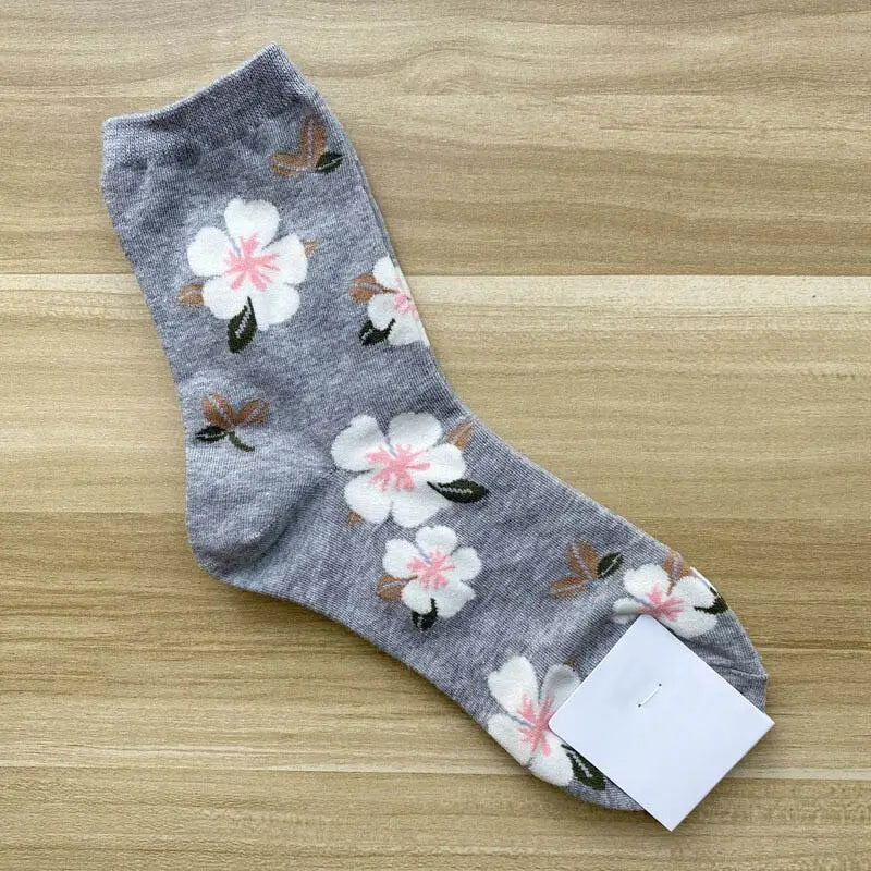 Cotton Animal Cartoon Middle Tube Socks Gray Flowers