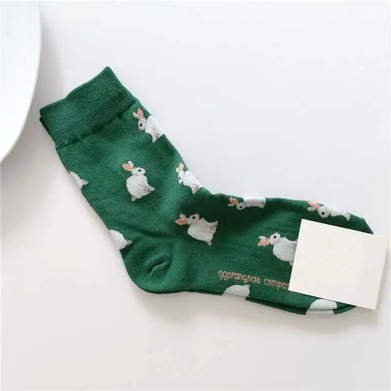 Cotton Animal Cartoon Middle Tube Socks Green Rabbit