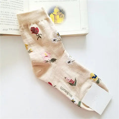 Cotton Animal Cartoon Middle Tube Socks Khaki Flowers