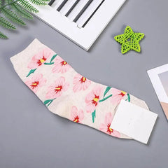 Cotton Animal Cartoon Middle Tube Socks Pink Flowers
