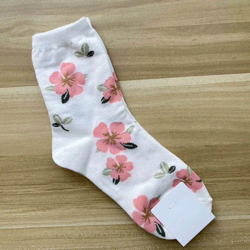 Cotton Animal Cartoon Middle Tube Socks White Flowers B