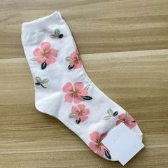 Cotton Animal Cartoon Middle Tube Socks White Flowers B