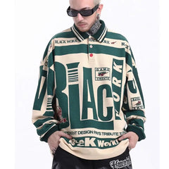 Cotton Black Work Long Sleeve Loose Polo Shirt