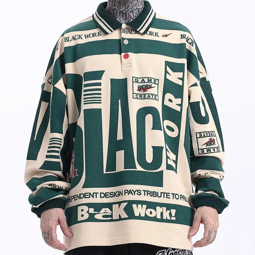 Cotton Black Work Long Sleeve Loose Polo Shirt