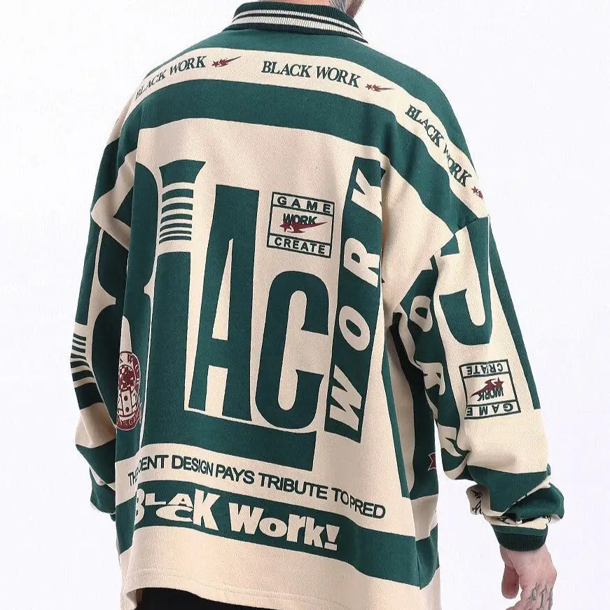 Cotton Black Work Long Sleeve Loose Polo Shirt