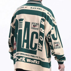 Cotton Black Work Long Sleeve Loose Polo Shirt