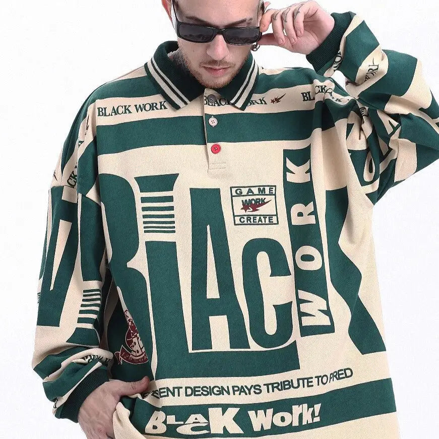 Cotton Black Work Long Sleeve Loose Polo Shirt