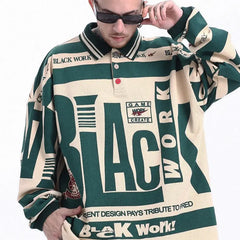 Cotton Black Work Long Sleeve Loose Polo Shirt