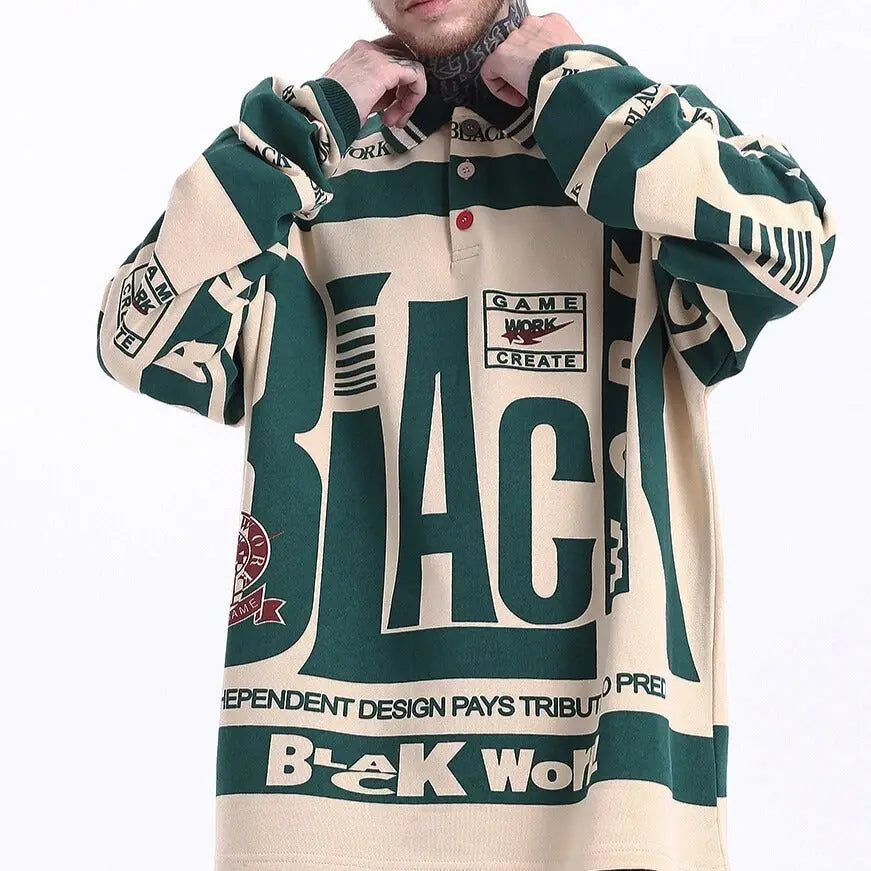 Cotton Black Work Long Sleeve Loose Polo Shirt