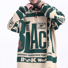 Cotton Black Work Long Sleeve Loose Polo Shirt