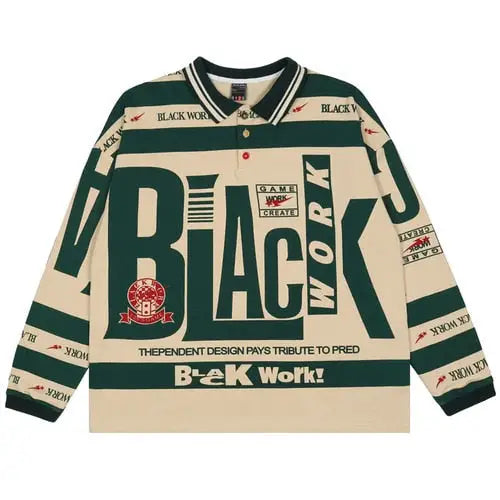 Cotton Black Work Long Sleeve Loose Polo Shirt khaki-Green