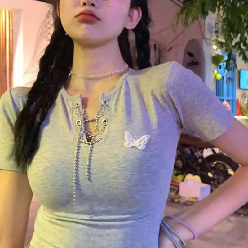 Cotton Butterfly V-Neck Chain Crop Top