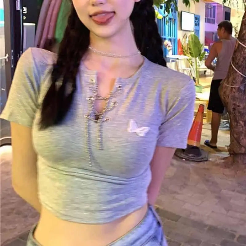 Cotton Butterfly V-Neck Chain Crop Top