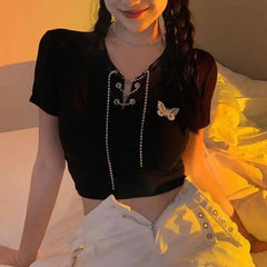 Cotton Butterfly V-Neck Chain Crop Top