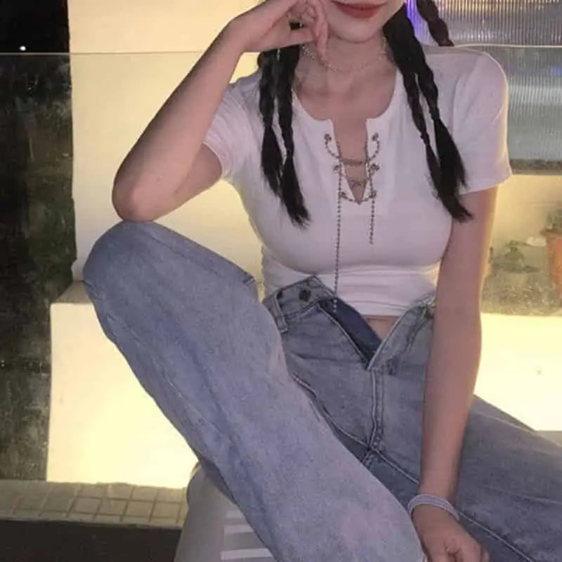 Cotton Butterfly V-Neck Chain Crop Top