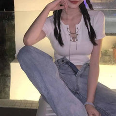 Cotton Butterfly V-Neck Chain Crop Top