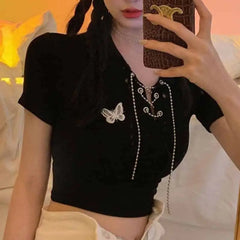 Cotton Butterfly V-Neck Chain Crop Top