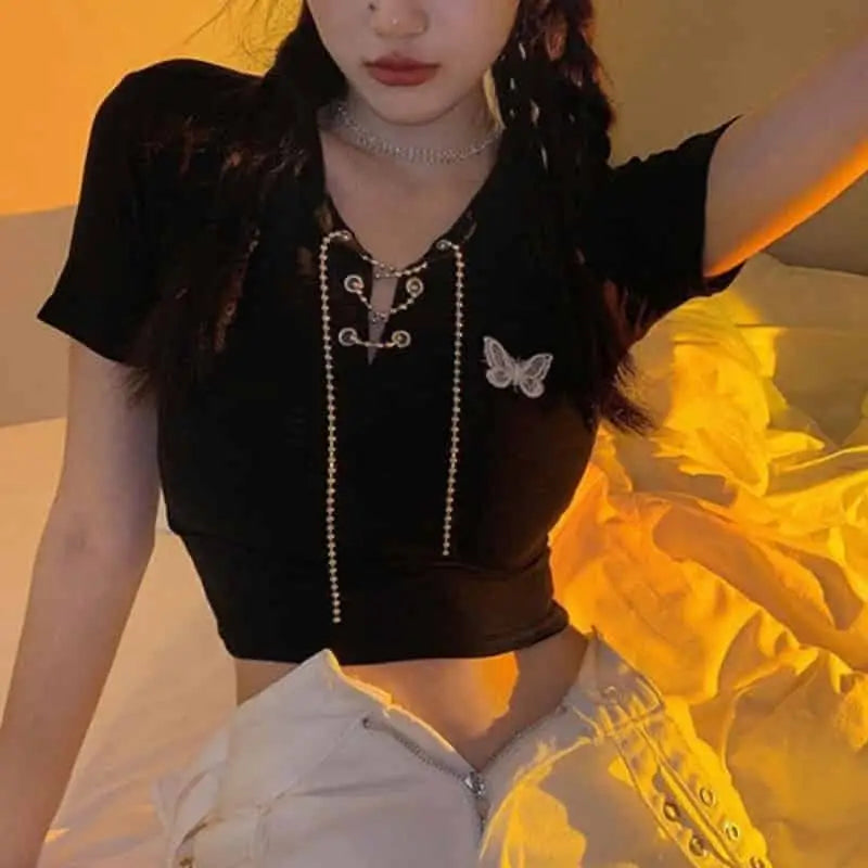 Cotton Butterfly V-Neck Chain Crop Top