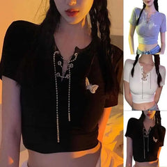 Cotton Butterfly V-Neck Chain Crop Top