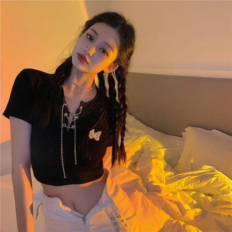 Cotton Butterfly V-Neck Chain Crop Top Black / XXS