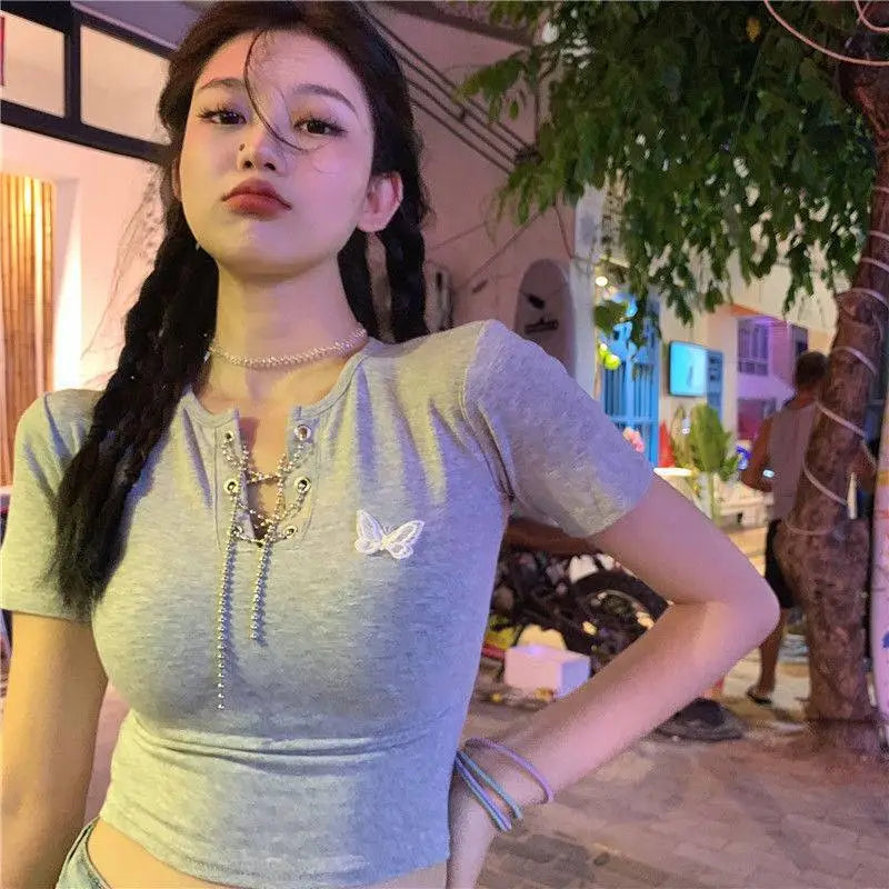 Cotton Butterfly V-Neck Chain Crop Top Grey / XXS