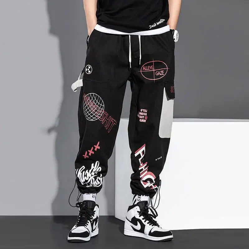 Cotton Cargo Pants Graffiti Multi Pockets Loose Fit