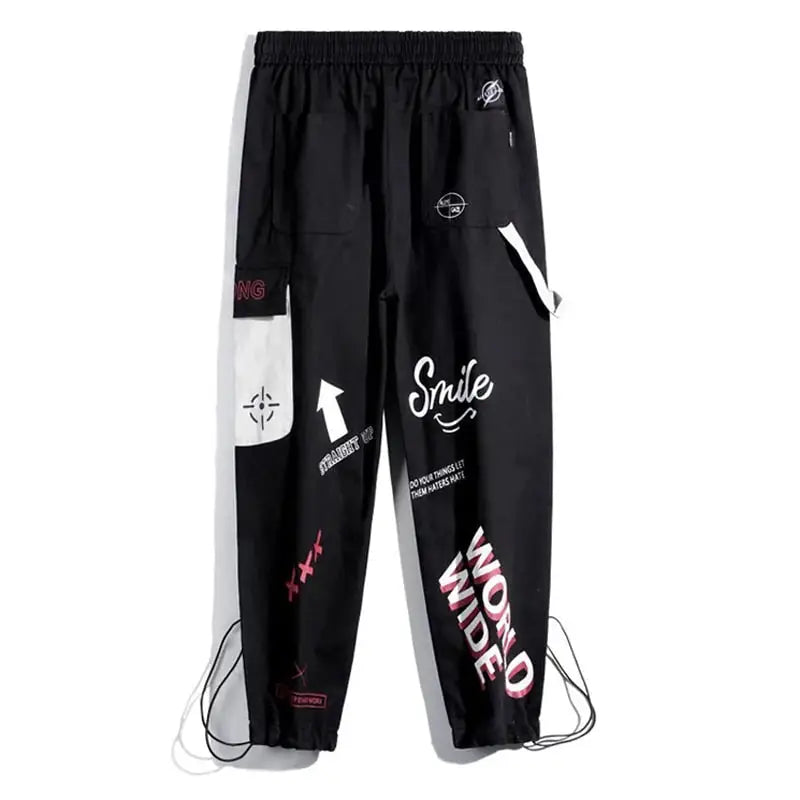 Cotton Cargo Pants Graffiti Multi Pockets Loose Fit Black