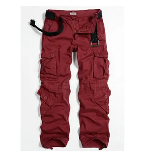Cotton Cargo Pants Multi Pockets Loose Baggy Hip Style red