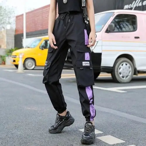 Cotton Cargo Pants with Multiple Pockets High Waist Black