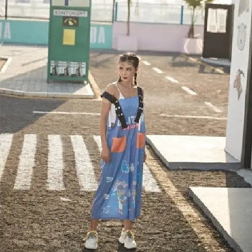 Cotton Cartoon Contrast Graffiti Loose Jumpsuit Blue