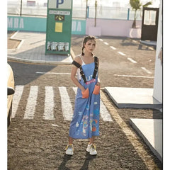 Cotton Cartoon Contrast Graffiti Loose Jumpsuit Blue