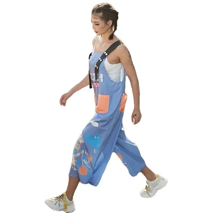 Cotton Cartoon Contrast Graffiti Loose Jumpsuit Blue