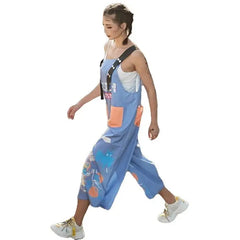 Cotton Cartoon Contrast Graffiti Loose Jumpsuit Blue
