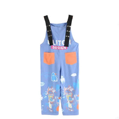 Cotton Cartoon Contrast Graffiti Loose Jumpsuit Blue