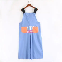 Cotton Cartoon Contrast Graffiti Loose Jumpsuit Blue