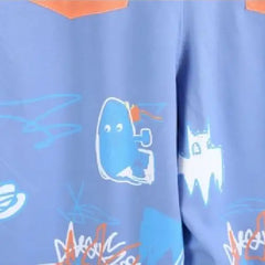 Cotton Cartoon Contrast Graffiti Loose Jumpsuit Blue