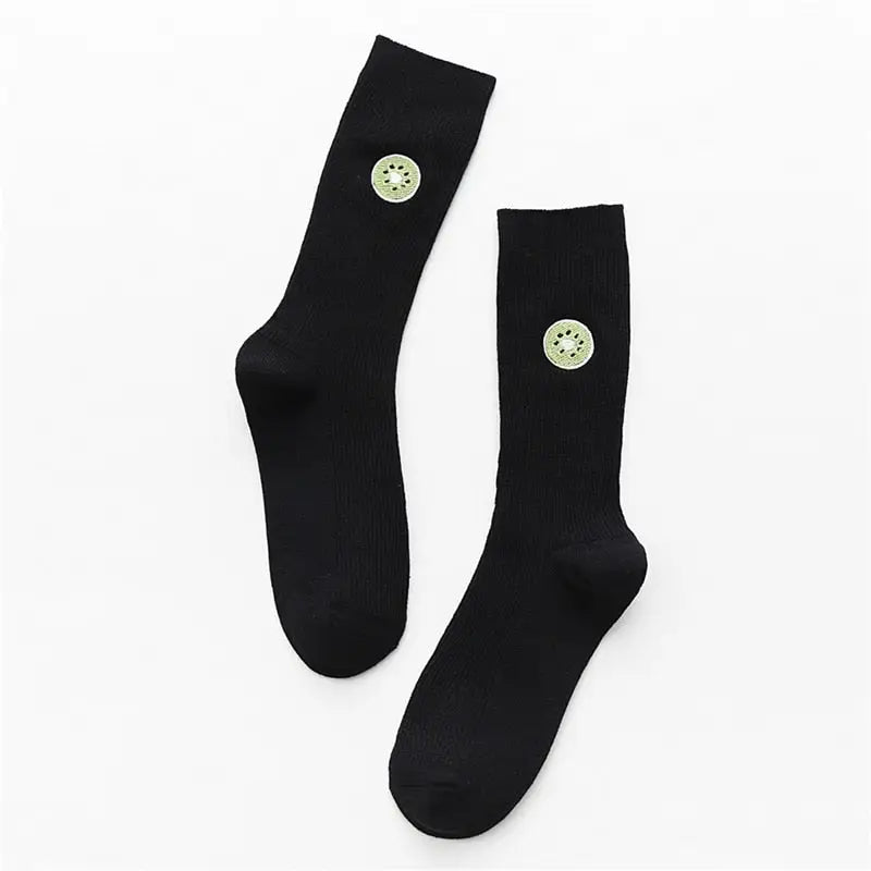 Cotton Cartoon Embroidery Fruits Socks Black-Kiwi / One Size