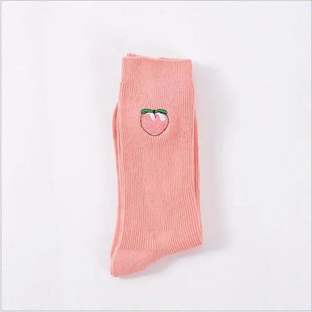 Cotton Cartoon Embroidery Fruits Socks Pink-Peach / One Size