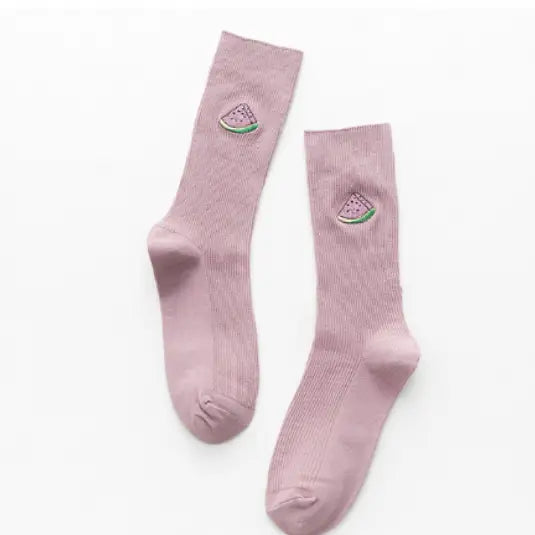 Cotton Cartoon Embroidery Fruits Socks Pink-Watermelo