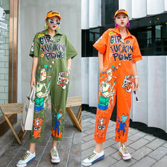 Cotton Cartoon Graffiti Printing Loose Jumpsuit