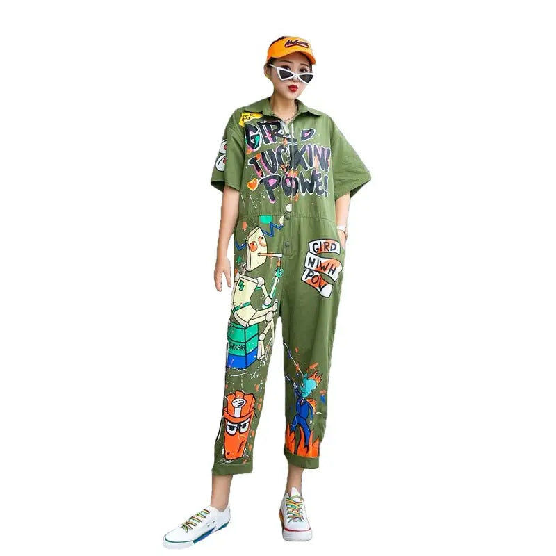 Cotton Cartoon Graffiti Printing Loose Jumpsuit Army Green