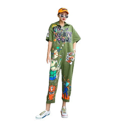 Cotton Cartoon Graffiti Printing Loose Jumpsuit Army Green