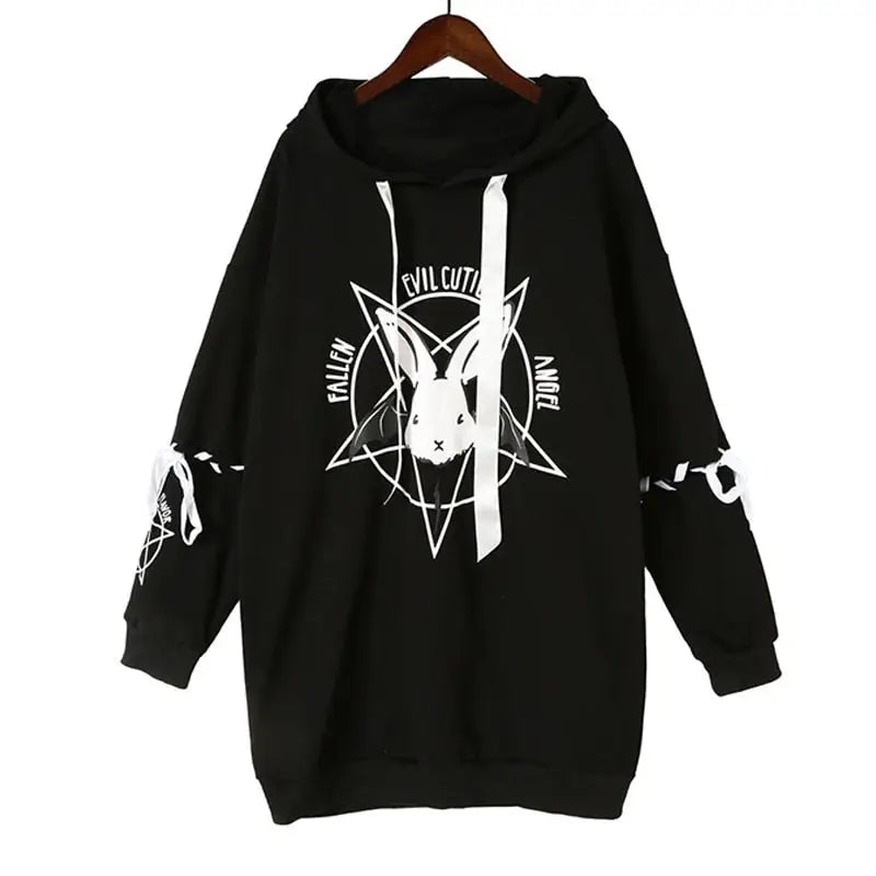 Cotton Cartoon Rabbit Pentacle Gothic Hoodie Black / S