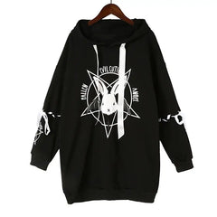 Cotton Cartoon Rabbit Pentacle Gothic Hoodie Black / S