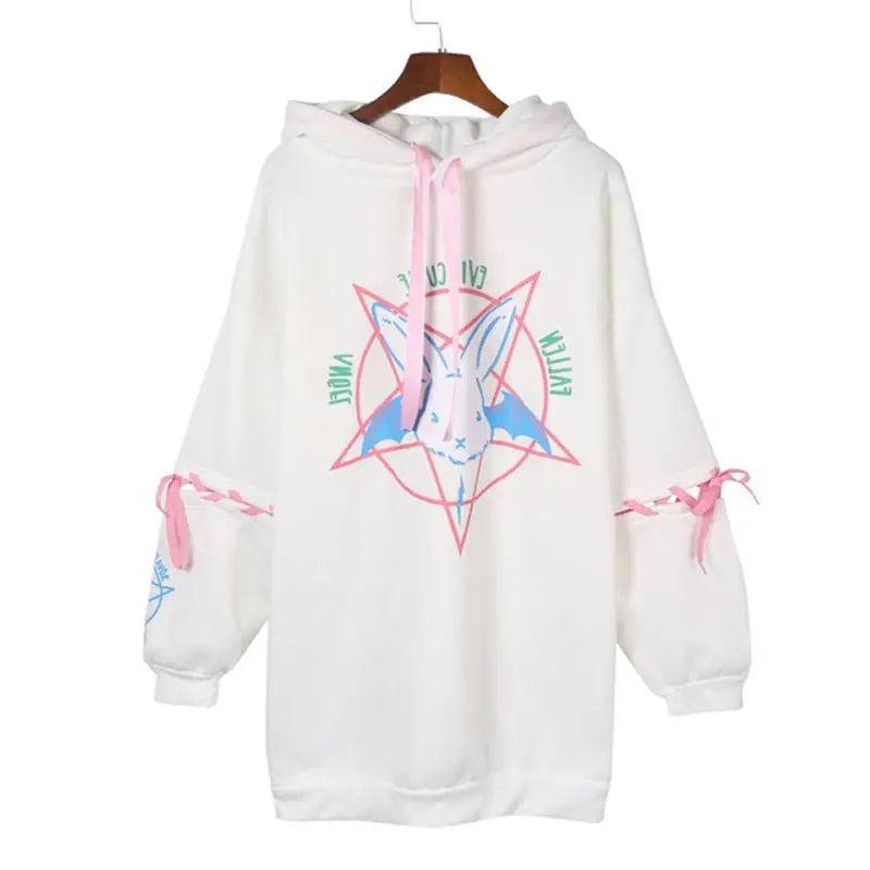 Cotton Cartoon Rabbit Pentacle Gothic Hoodie White / S