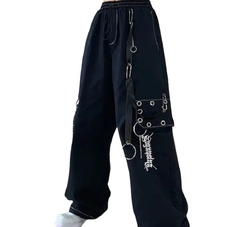 Cotton Chain Wide Leg Trousers Loose Pants Black / S