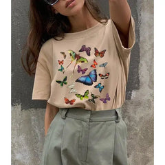 Cotton Color Butterfly T-Shirt for Casual Wear Beige / XS